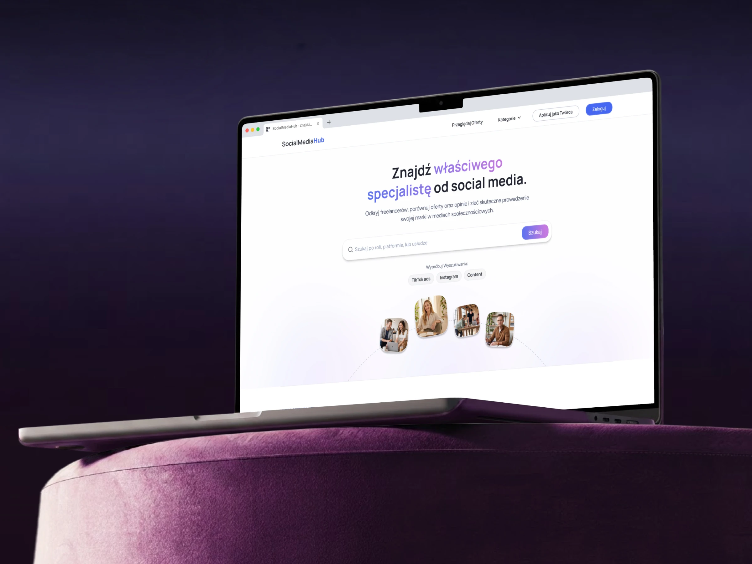 Laptop showing the creator marketplace storefront, with a specialist search bar and featured creators